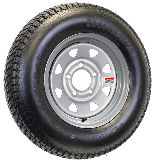 Trailer Tire On Silver Rim ST205/75D15 Load Range C 5 Lug On 4.5 15 x 5 Wheel
