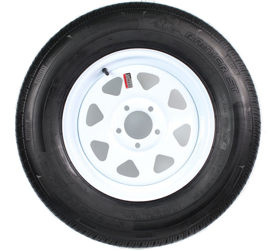 Radial Trailer Tire On White Rim ST225/75R15 Load D 5 Lug On 4.5 Spoke Wheel