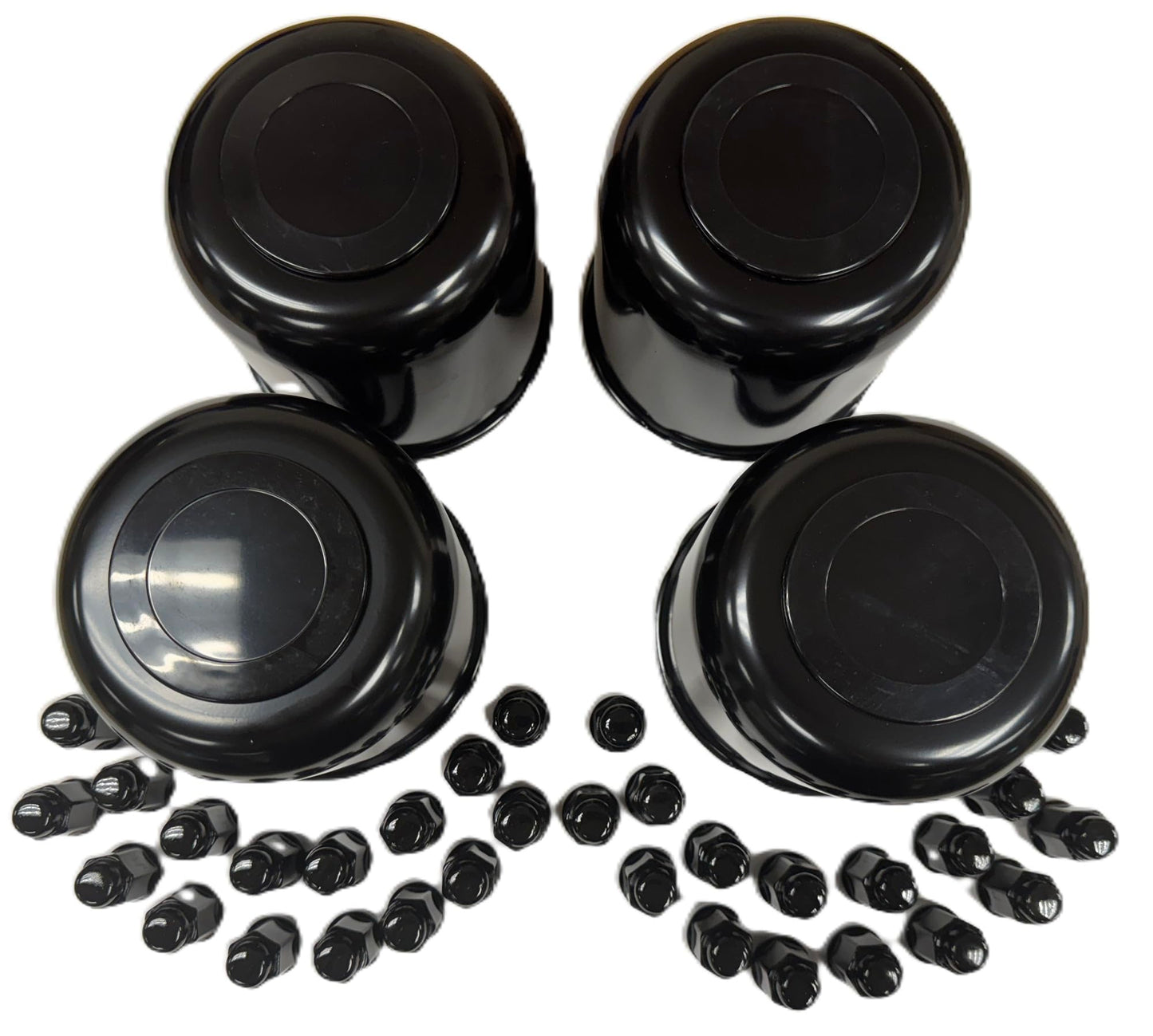 4-Pk Trailer Wheel Black Cap and Lug Set With 32 Painted Lugs 4.90 Inch Center