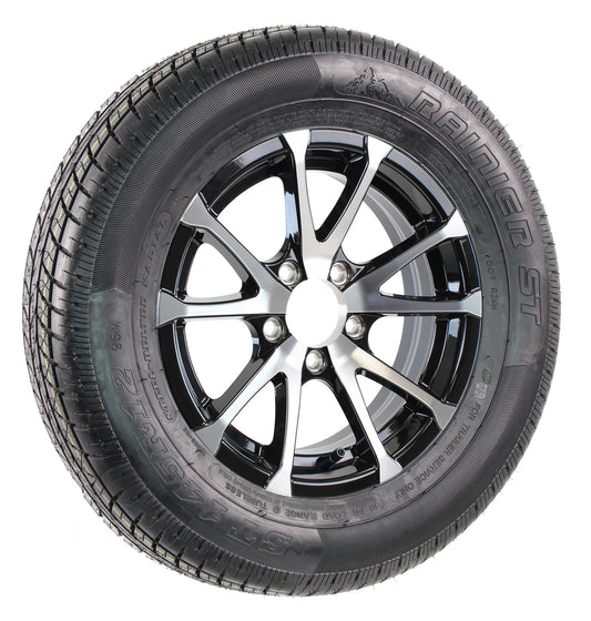 Aluminum 5 Lug Trailer Wheel on 145/R12 Radial Tire 12 Inch Black Rim ST145/R12