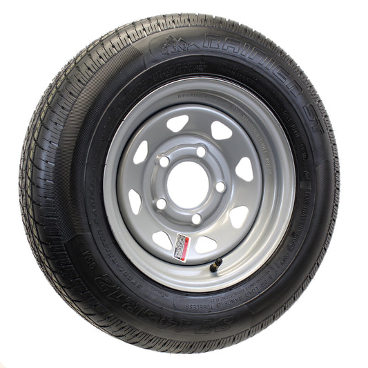 eCustomrim ST145R12 145/R12 Radial Trailer Tire Silver Spoke Rim 5 Lug Wheel LRD
