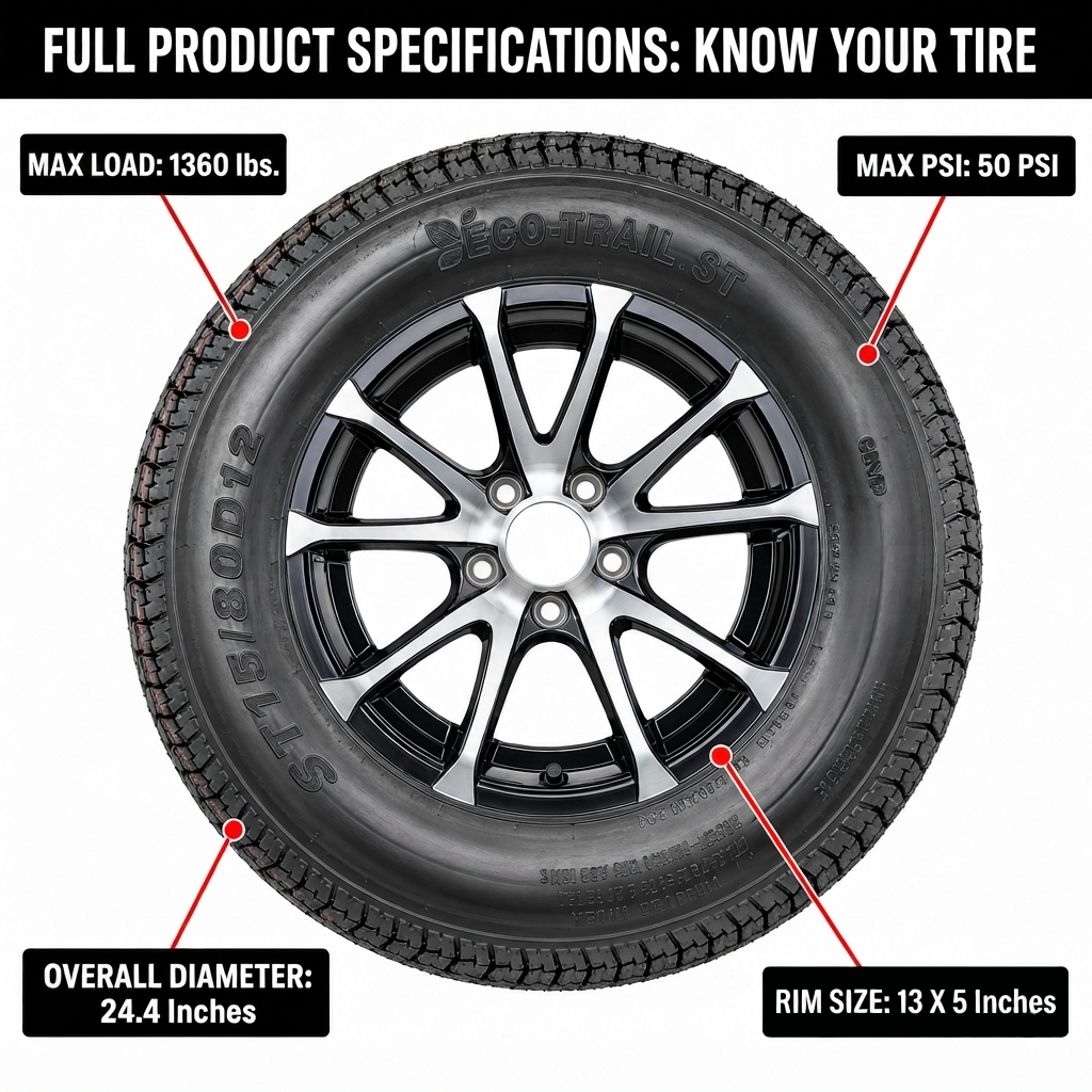 Trailer Tire Rim Assembly ST175/80D13 13 Inch 5 Lug Avalanche Black Aluminum Rim