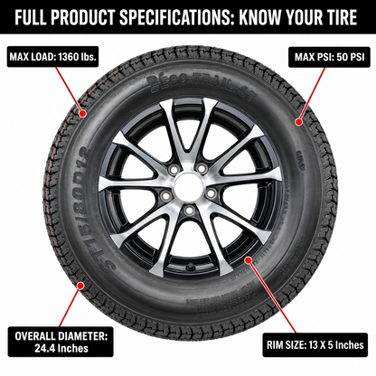Trailer Tire Rim Assembly ST175/80D13 13 Inch 5 Lug Avalanche Black Aluminum Rim