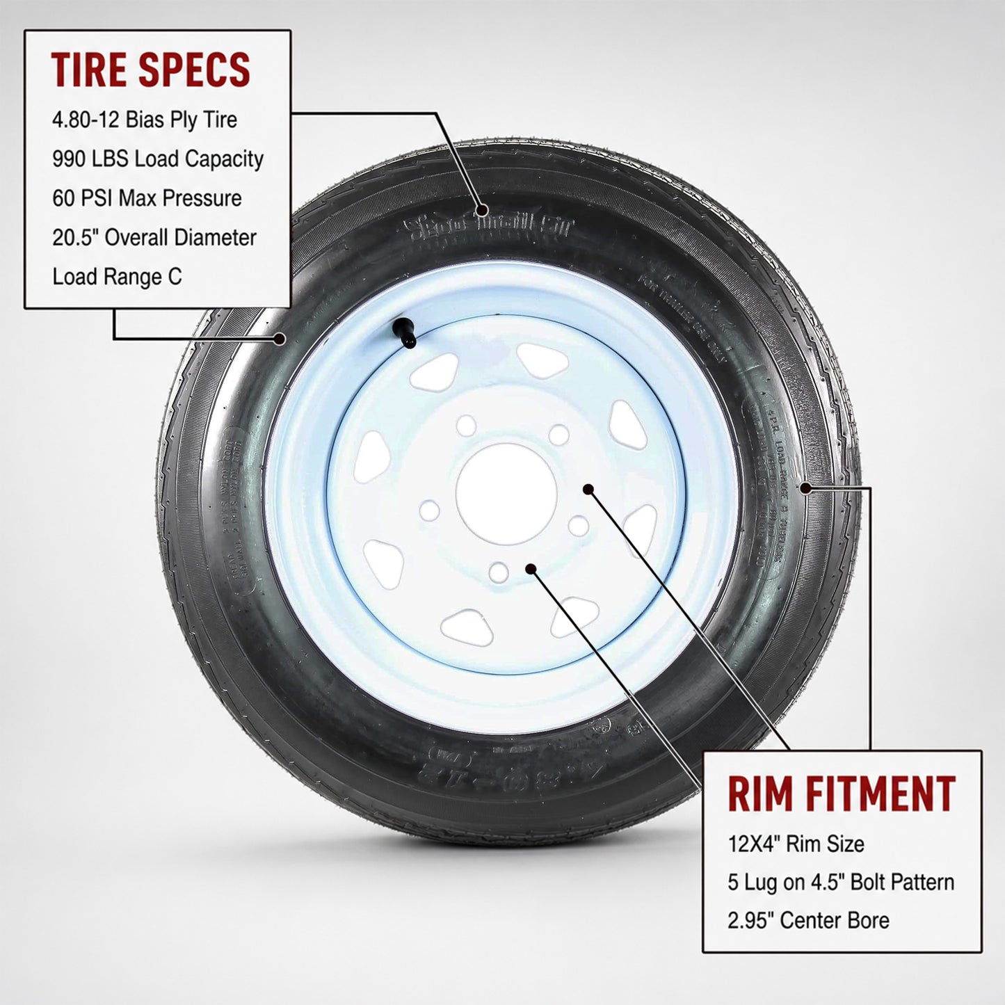 2-Pack Trailer Tire Rim Assembly 4.80-12 480-12 12 Inch Load C 5 Lug Silver