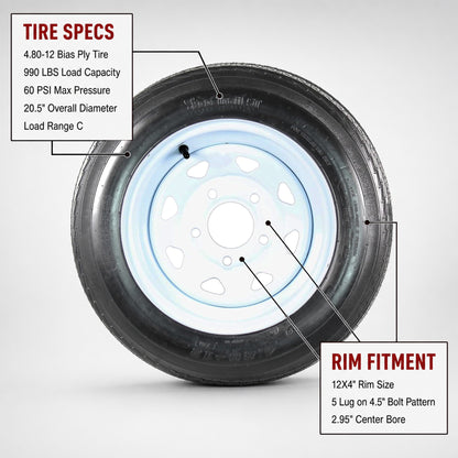 2-Pack Trailer Tire Rim Assembly 4.80-12 480-12 12 Inch Load C 5 Lug Silver