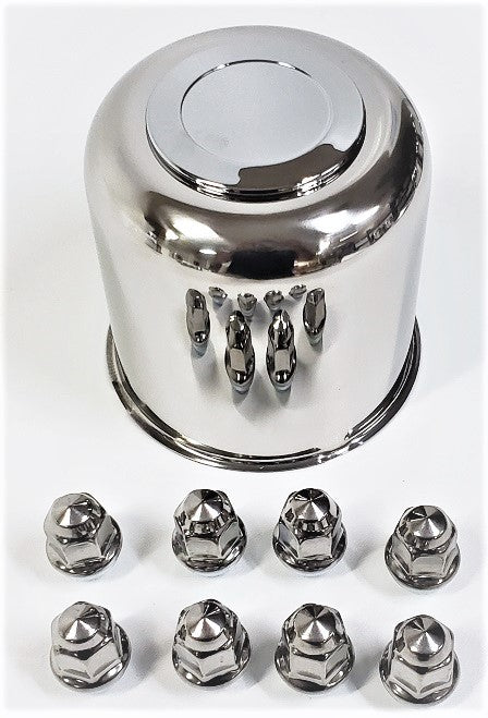 Trailer Wheel Lug and Cap Set. Stainless Steel Hub Cover 8 SS Lugs 4.90in Center