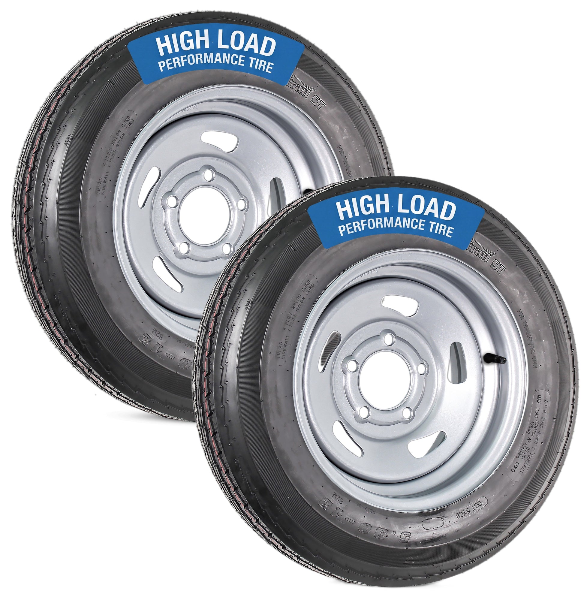2-Pack Trailer Tire Rim Assembly 5.30-12 530-12 Load Range C 5 Lug Silver Wheel