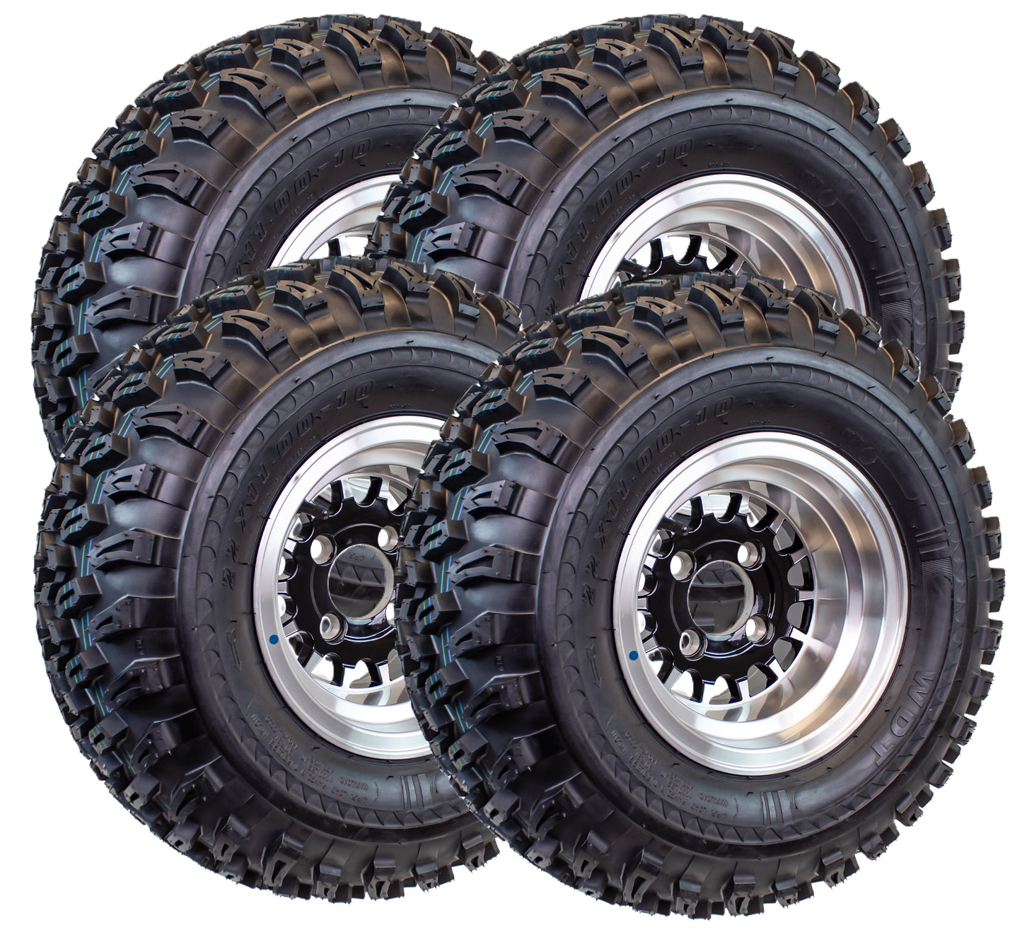 4-Pk 22X11.00-10 Golf Cart ATV Offroad Tire 10X7 Gloss Black Rim A9 All Terrain