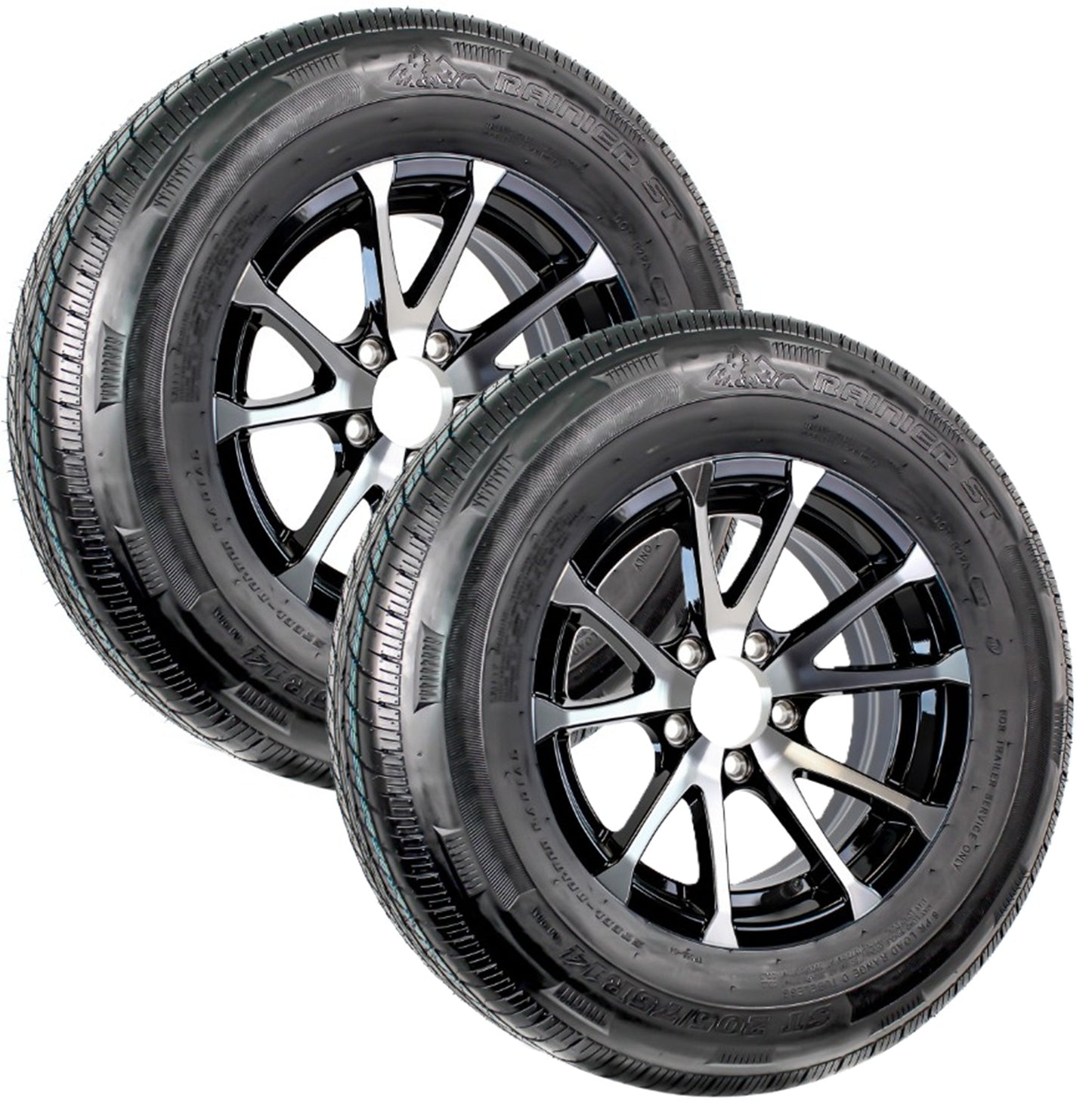 2-Pack Radial Trailer Tire ST205/75R14 Load D 14 In 5 Lug T07 Black Aluminum Rim