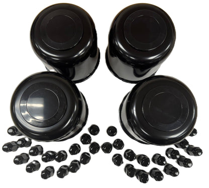 4-Pk Trailer Wheel Black Cap and Lug Set With 32 Painted Lugs 4.90 Inch Center