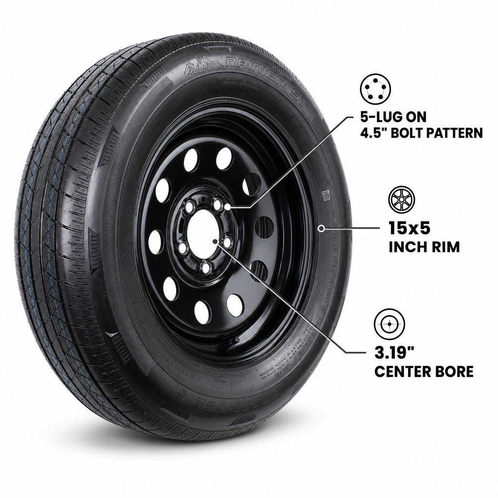 Radial Trailer Tire Rim ST205/75R15 15 Inch 5 Lug 4.5 LRC Black Modular Wheel