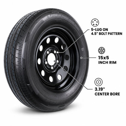 Radial Trailer Tire Rim ST205/75R15 15 Inch 5 Lug 4.5 LRC Black Modular Wheel