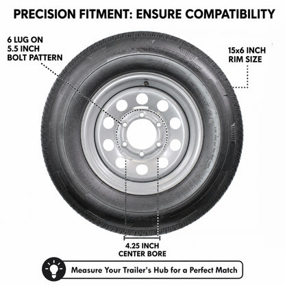 Radial Trailer Tire Rim ST225/75R15 225/75-15 15 LRD 6 Lug Silver Modular Wheel