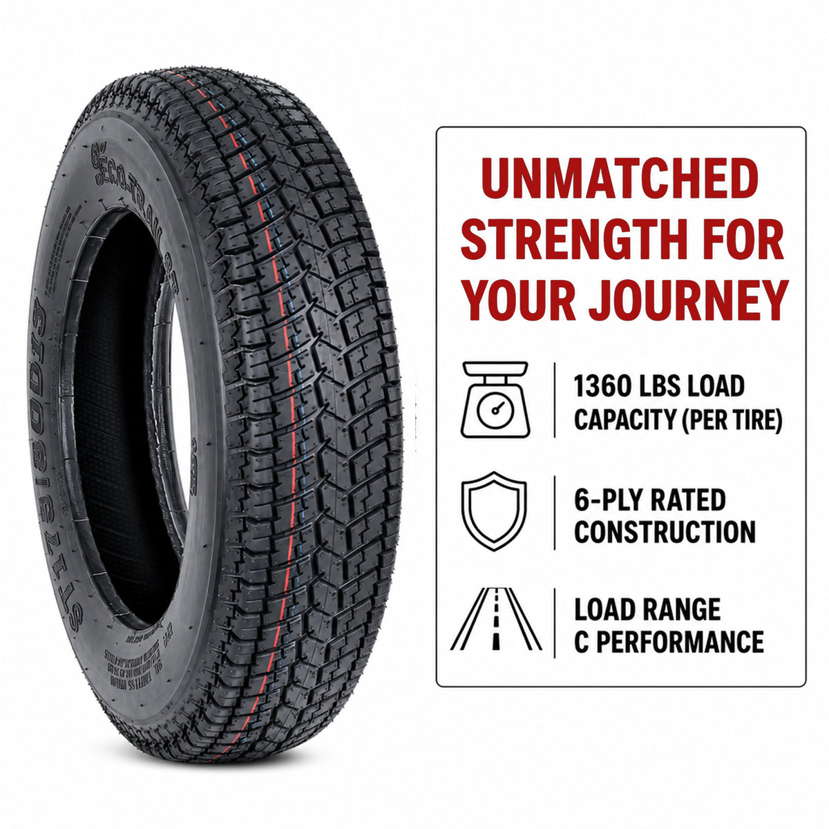 Trailer Tire ST175/80D13 175/80D13 DEEP TREAD 13 Inch Load Range C 1360 Lbs.