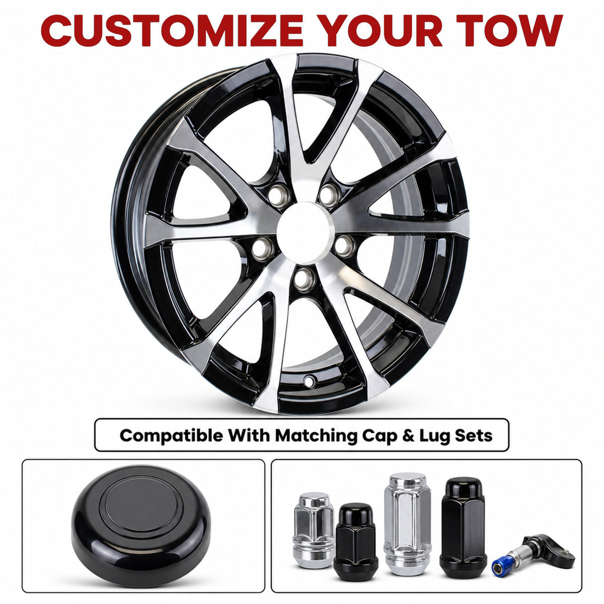 Aluminum Trailer Wheel 15X5 15 Inch Black Machined 5 Lug On 4.5 Avalanche Rim