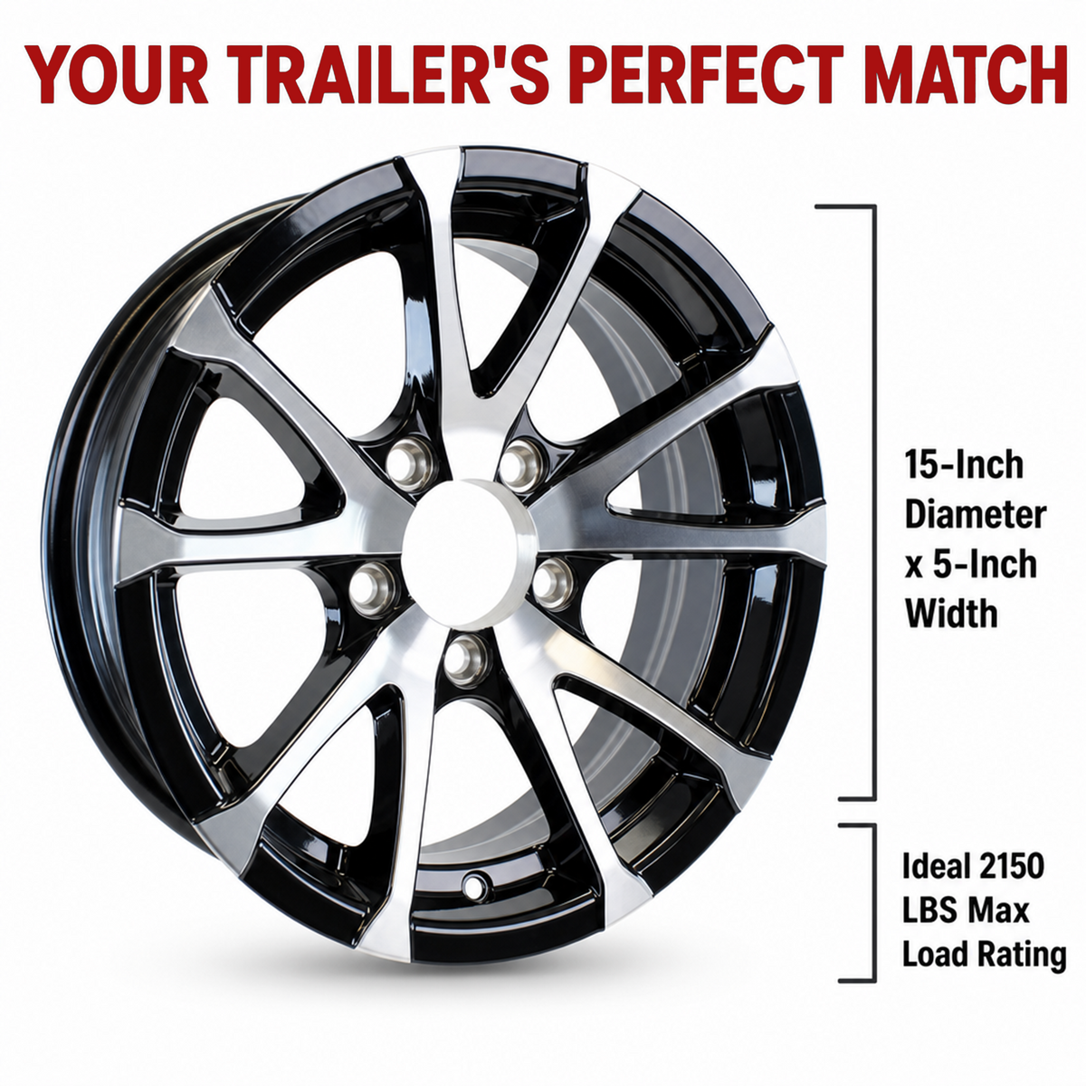 Aluminum Trailer Wheel 15X5 15 Inch Black Machined 5 Lug On 4.5 Avalanche Rim