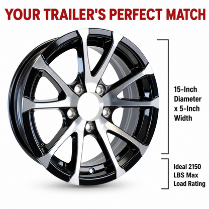 Aluminum Trailer Wheel 15X5 15 Inch Black Machined 5 Lug On 4.5 Avalanche Rim