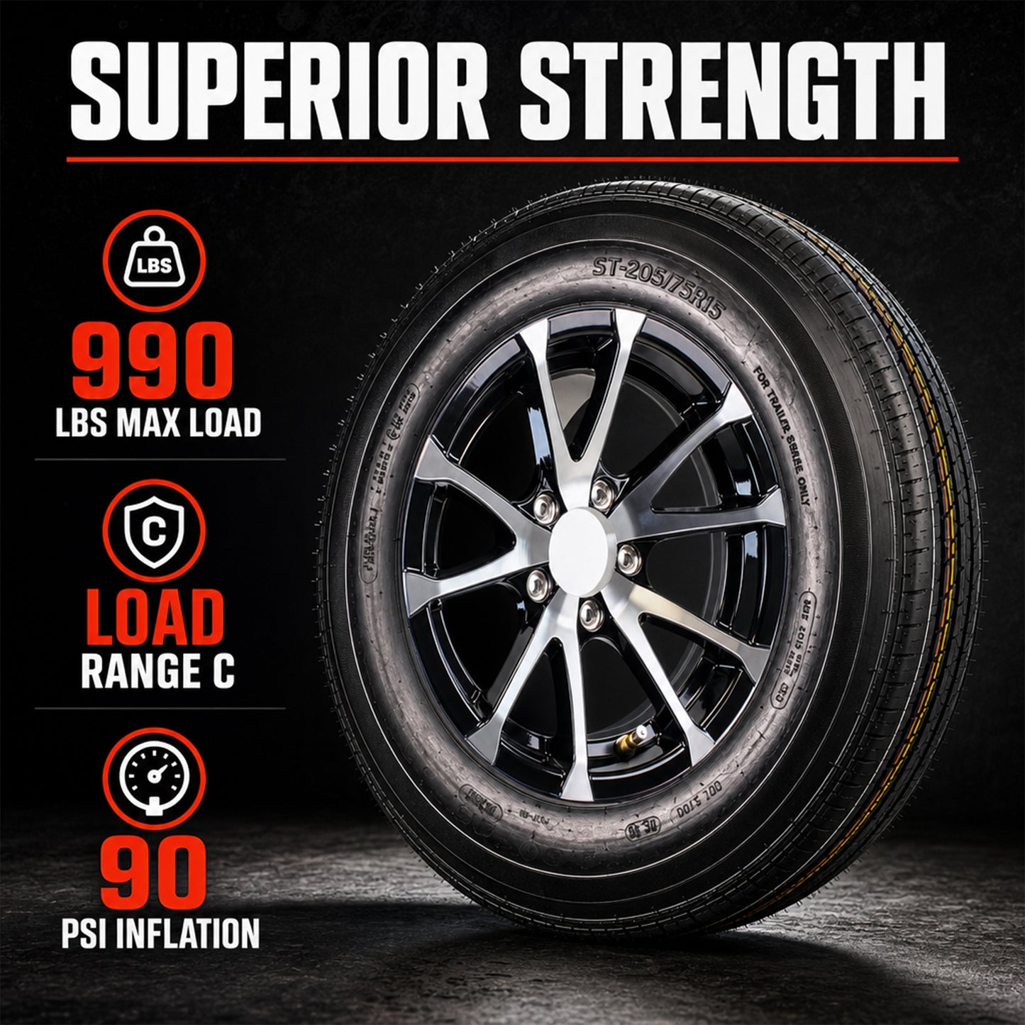 Trailer Tire Rim Assembly 4.80-12 480-12 12 Inch 5 Lug Aluminum Black T07 Wheel