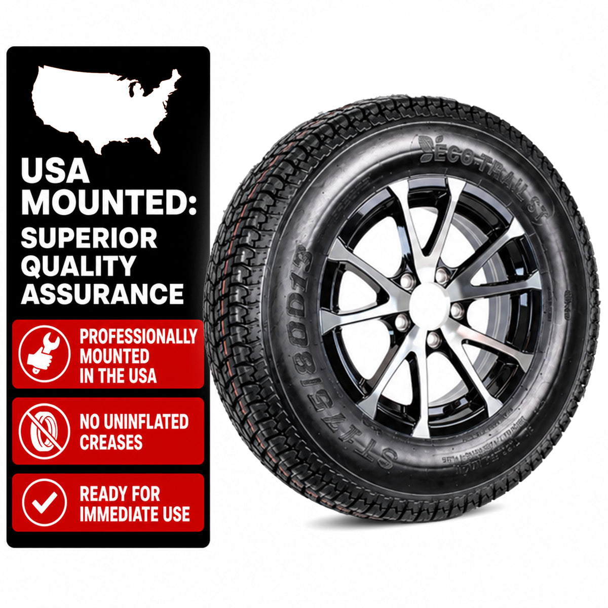Trailer Tire Rim Assembly ST175/80D13 13 Inch 5 Lug Avalanche Black Aluminum Rim