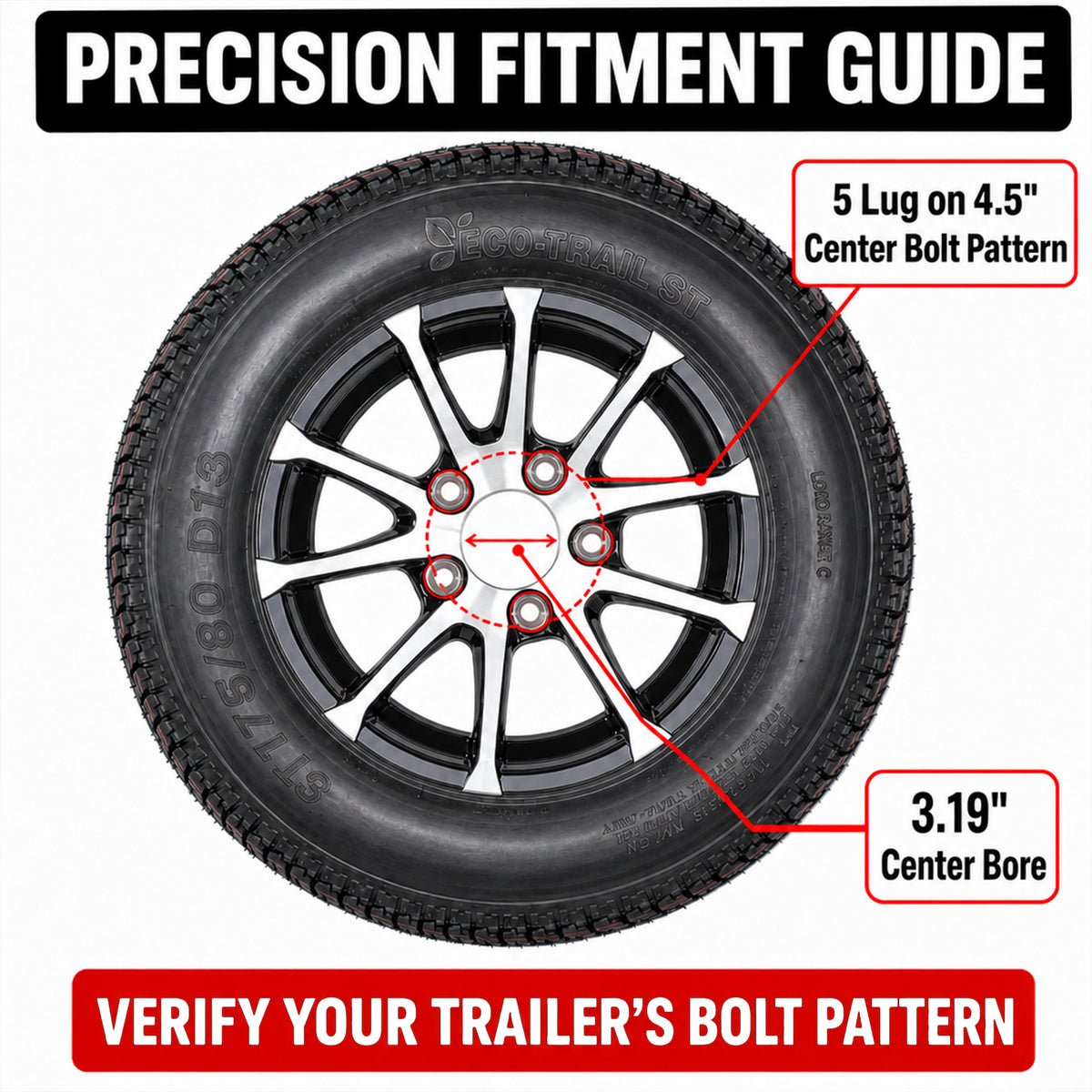 Trailer Tire Rim Assembly ST175/80D13 13 Inch 5 Lug Avalanche Black Aluminum Rim