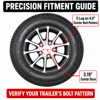 Trailer Tire Rim Assembly ST175/80D13 13 Inch 5 Lug Avalanche Black Aluminum Rim
