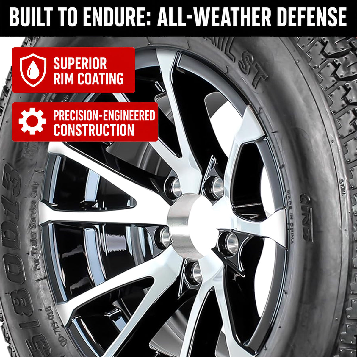 Trailer Tire Rim Assembly ST175/80D13 13 Inch 5 Lug Avalanche Black Aluminum Rim