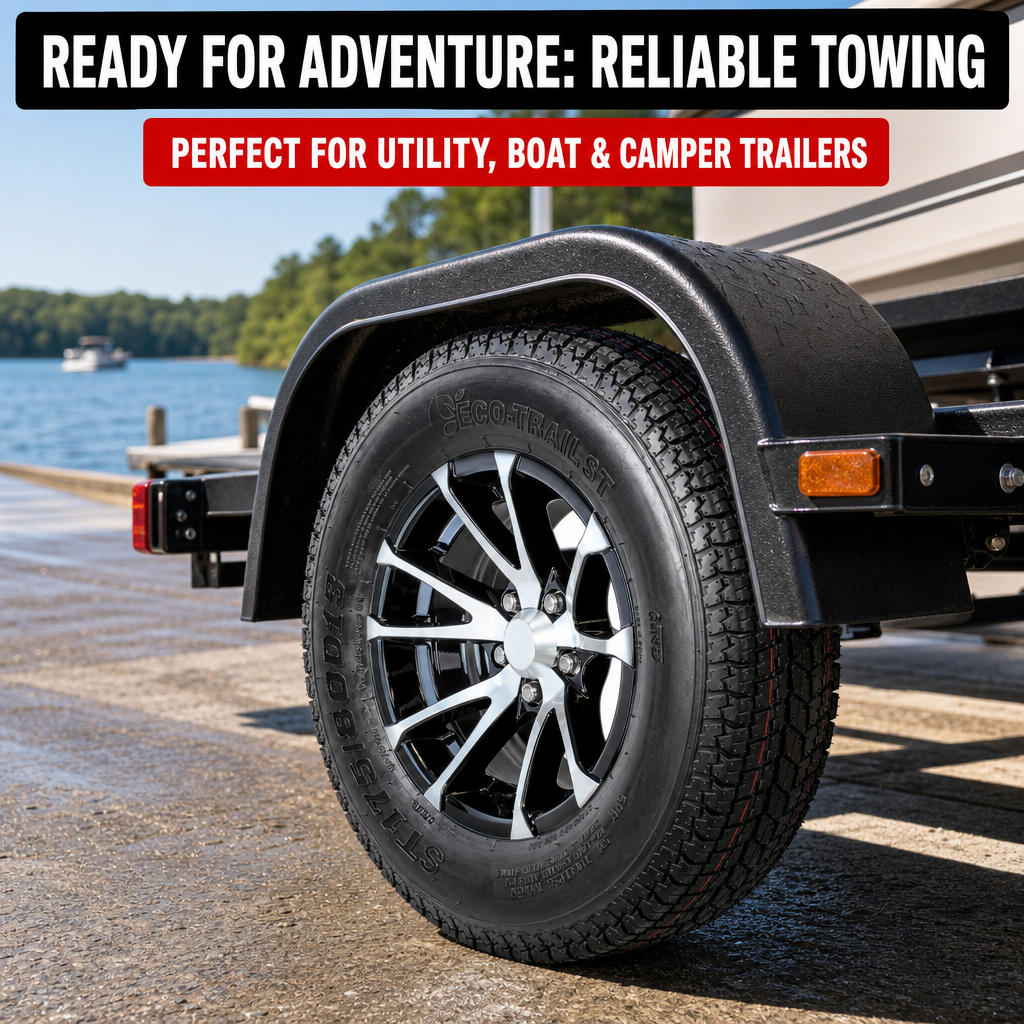 Trailer Tire Rim Assembly ST175/80D13 13 Inch 5 Lug Avalanche Black Aluminum Rim
