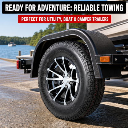 Trailer Tire Rim Assembly ST175/80D13 13 Inch 5 Lug Avalanche Black Aluminum Rim