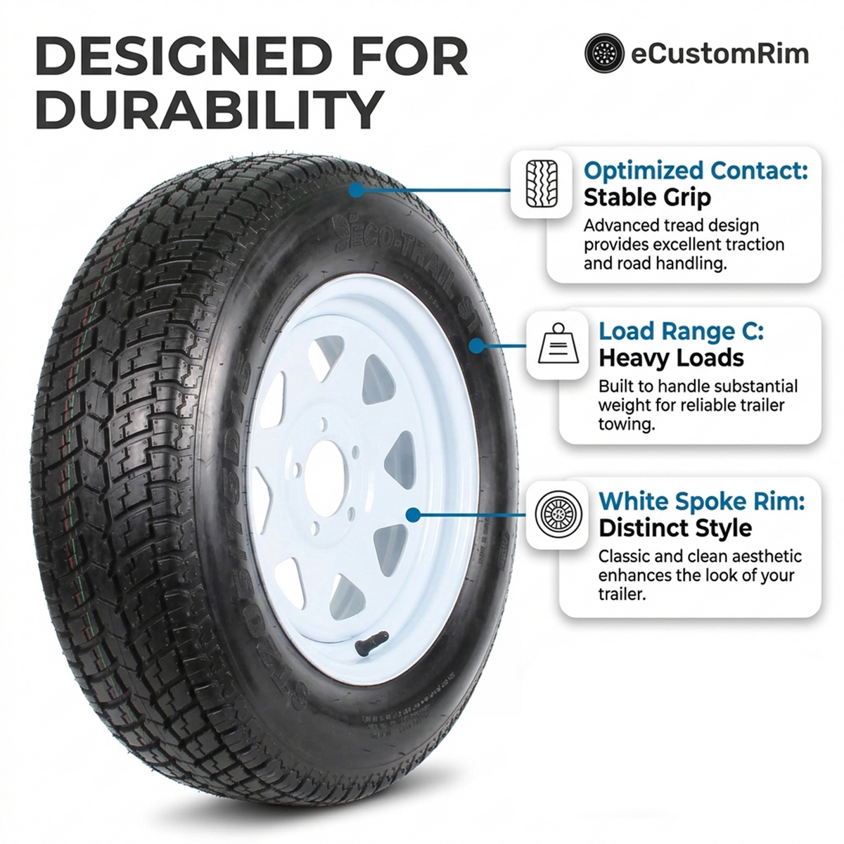 Trailer Tire Rim ST205/75D15 F78-15 205/75 15 Inch LRC 5 Lug White Spoke Wheel