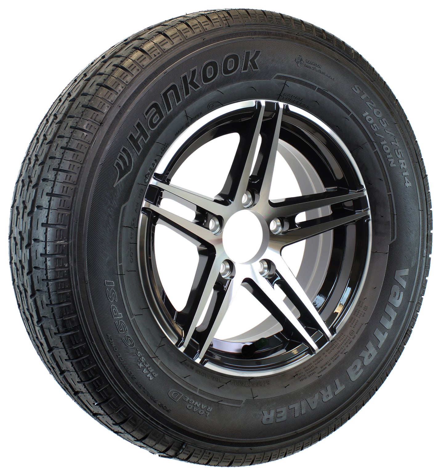 Fits Hankook ST205/75R14 Radial Trailer Tire On Black Aluminum 5 Lug Wheel