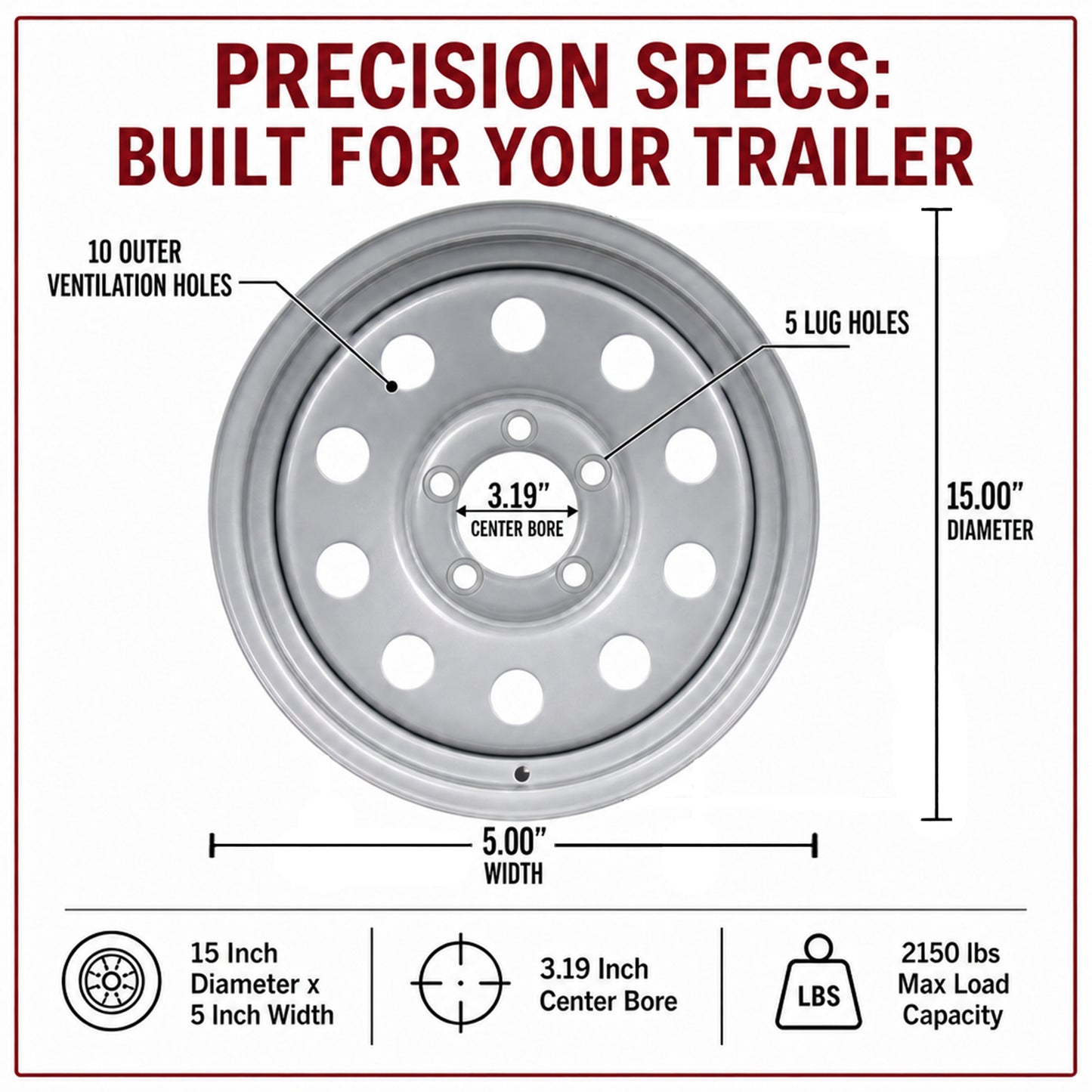 Trailer Wheel Rim 15 Inch 15X5 Silver Grey Modular 5 Lug On 4.5 Inch Center