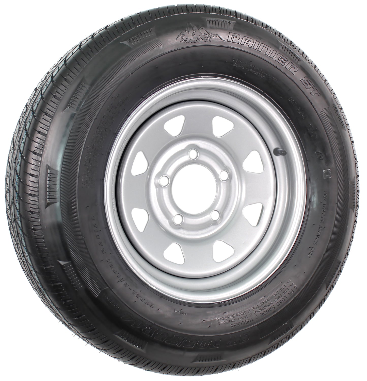 Radial Trailer Tire On Silver Rim ST205/75R14 LRC 5 Lug On 4.5 Spoke Wheel
