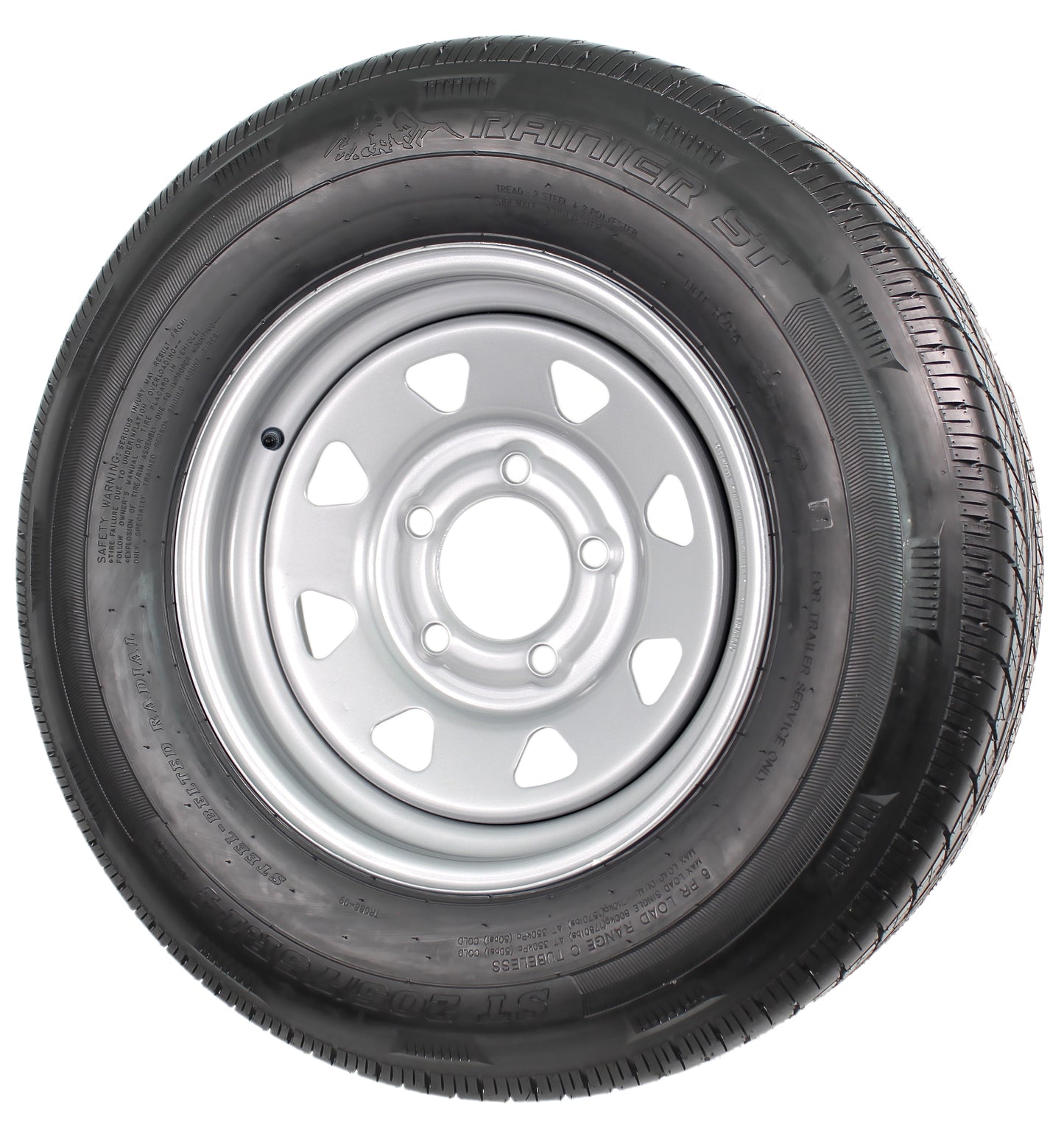 Radial Trailer Tire On Silver Rim ST205/75R14 LRC 5 Lug On 4.5 Spoke Wheel