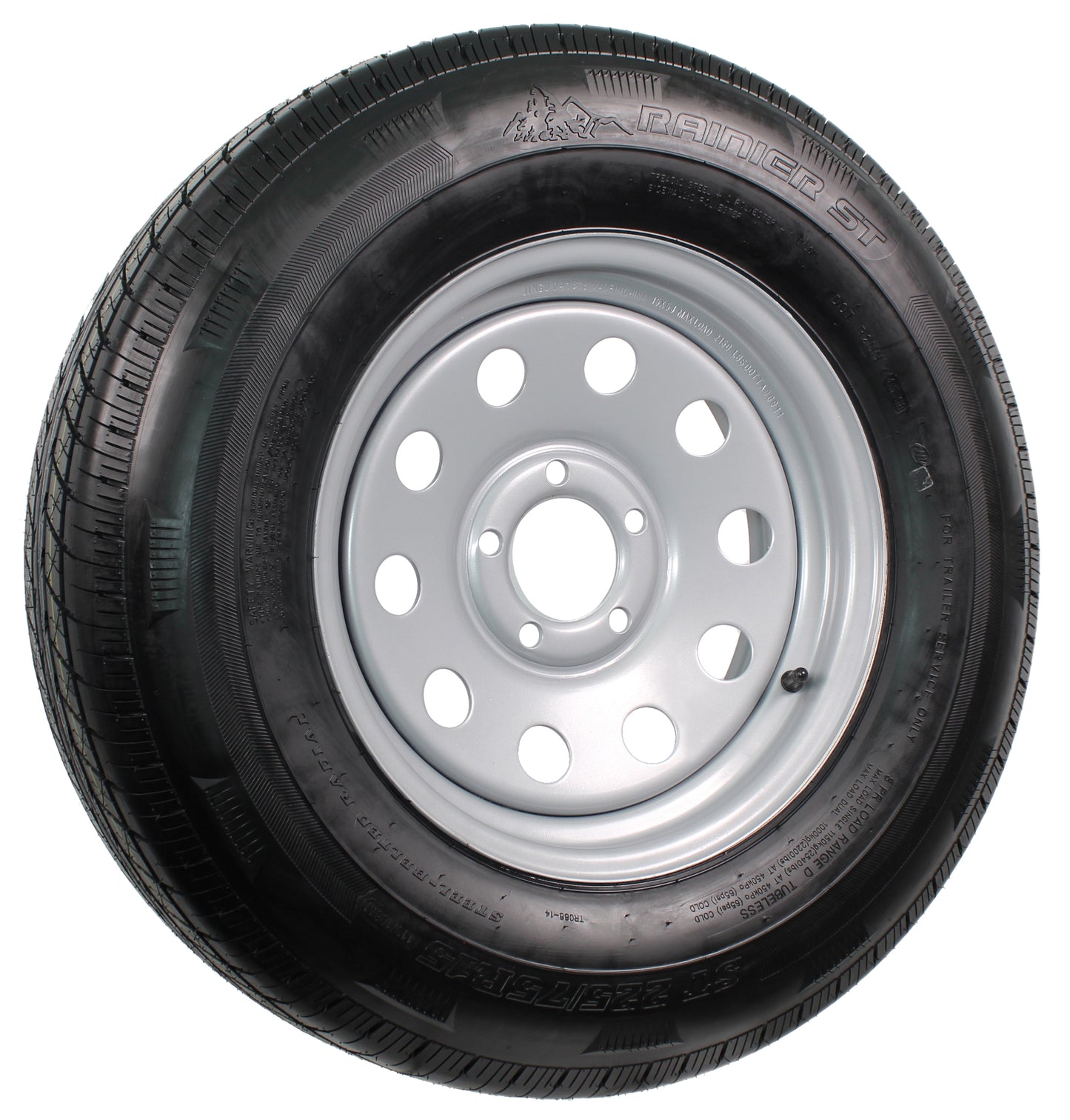 Radial Trailer Tire On Silver Rim ST225/75R15 LRD 5 Lug On 4.5 Modular Wheel