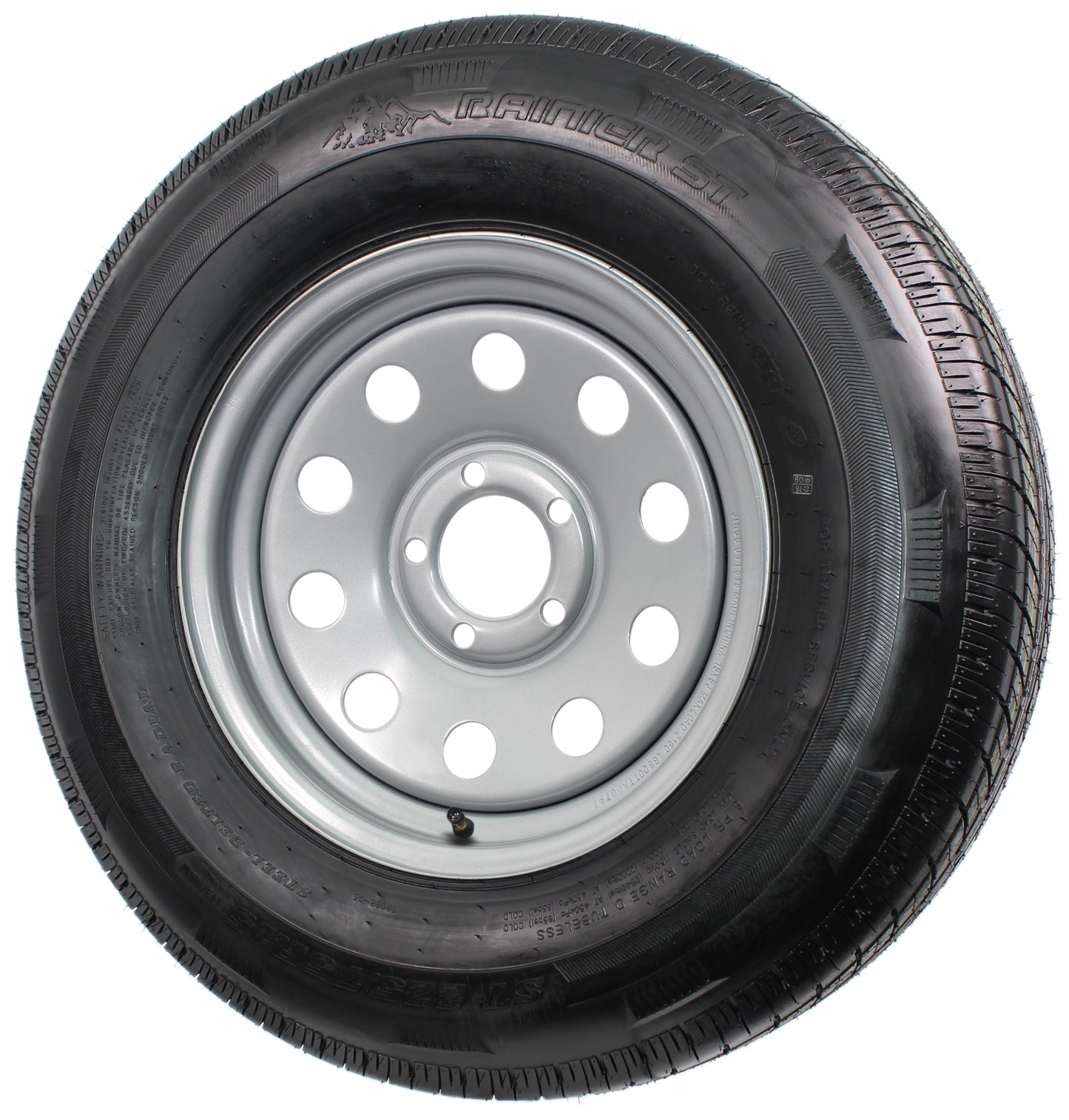 Radial Trailer Tire On Silver Rim ST225/75R15 LRD 5 Lug On 4.5 Modular Wheel